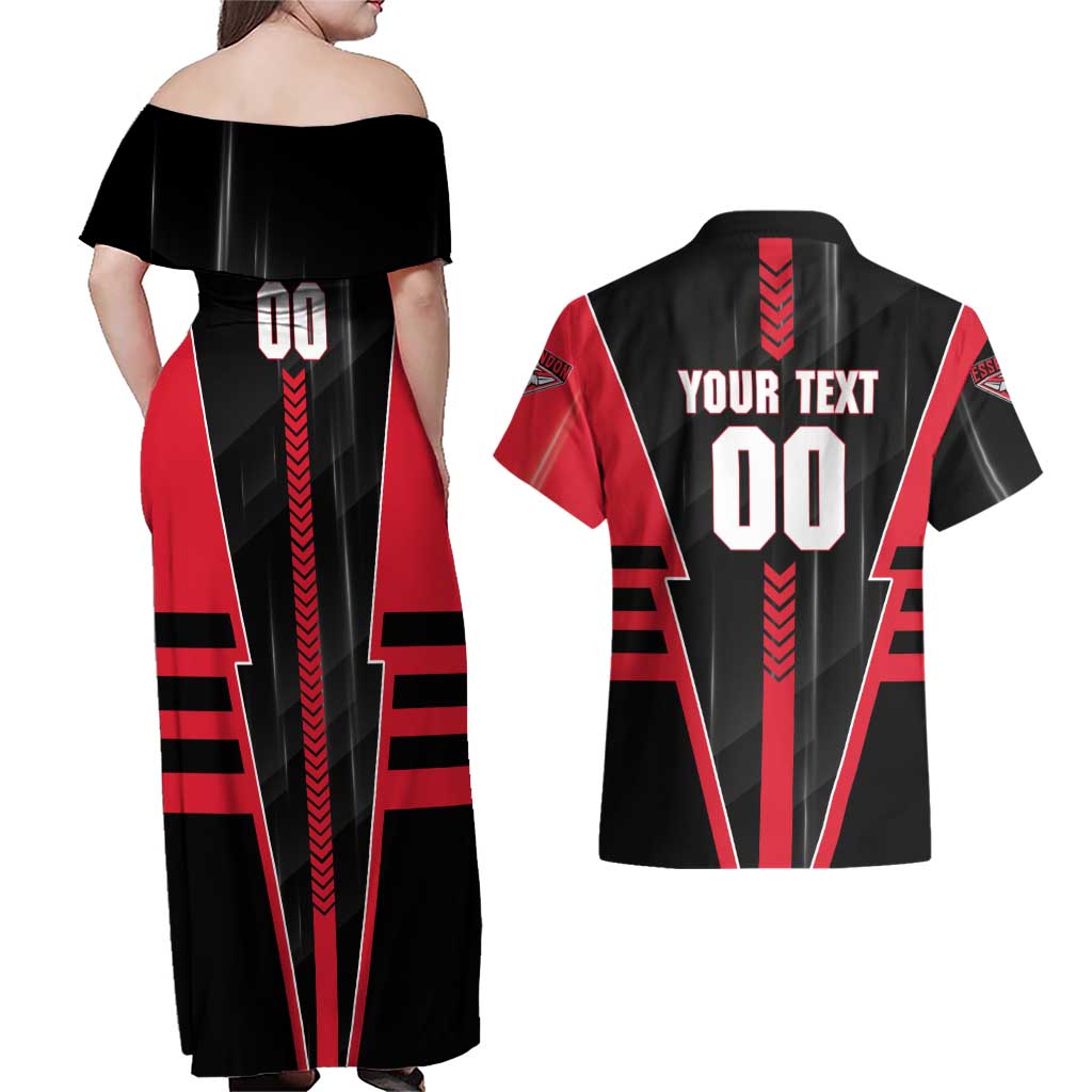 Personalized Essendon Bombers Couples Matching Off Shoulder Maxi Dress and Hawaiian Shirt Modern Geometric Sports Graphic Style