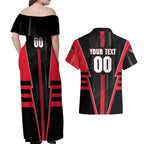 Personalized Essendon Bombers Couples Matching Off Shoulder Maxi Dress and Hawaiian Shirt Modern Geometric Sports Graphic Style