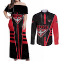 Personalized Essendon Bombers Couples Matching Off Shoulder Maxi Dress and Long Sleeve Button Shirt Modern Geometric Sports Graphic Style