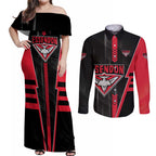 Personalized Essendon Bombers Couples Matching Off Shoulder Maxi Dress and Long Sleeve Button Shirt Modern Geometric Sports Graphic Style