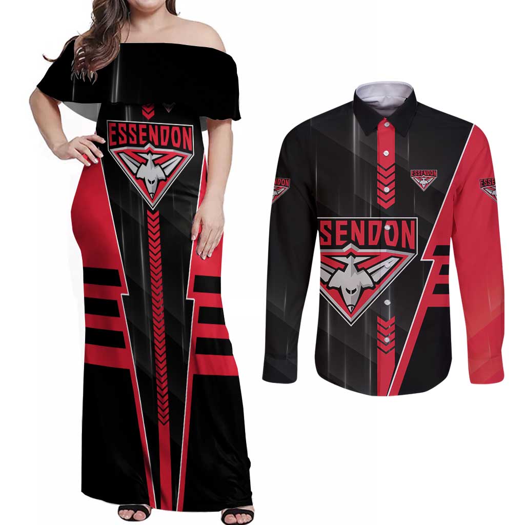 Personalized Essendon Bombers Couples Matching Off Shoulder Maxi Dress and Long Sleeve Button Shirt Modern Geometric Sports Graphic Style