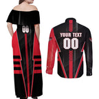 Personalized Essendon Bombers Couples Matching Off Shoulder Maxi Dress and Long Sleeve Button Shirt Modern Geometric Sports Graphic Style