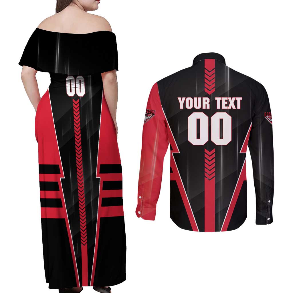 Personalized Essendon Bombers Couples Matching Off Shoulder Maxi Dress and Long Sleeve Button Shirt Modern Geometric Sports Graphic Style