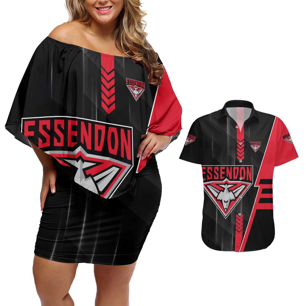 Personalized Essendon Bombers Couples Matching Off Shoulder Short Dress and Hawaiian Shirt Modern Geometric Sports Graphic Style