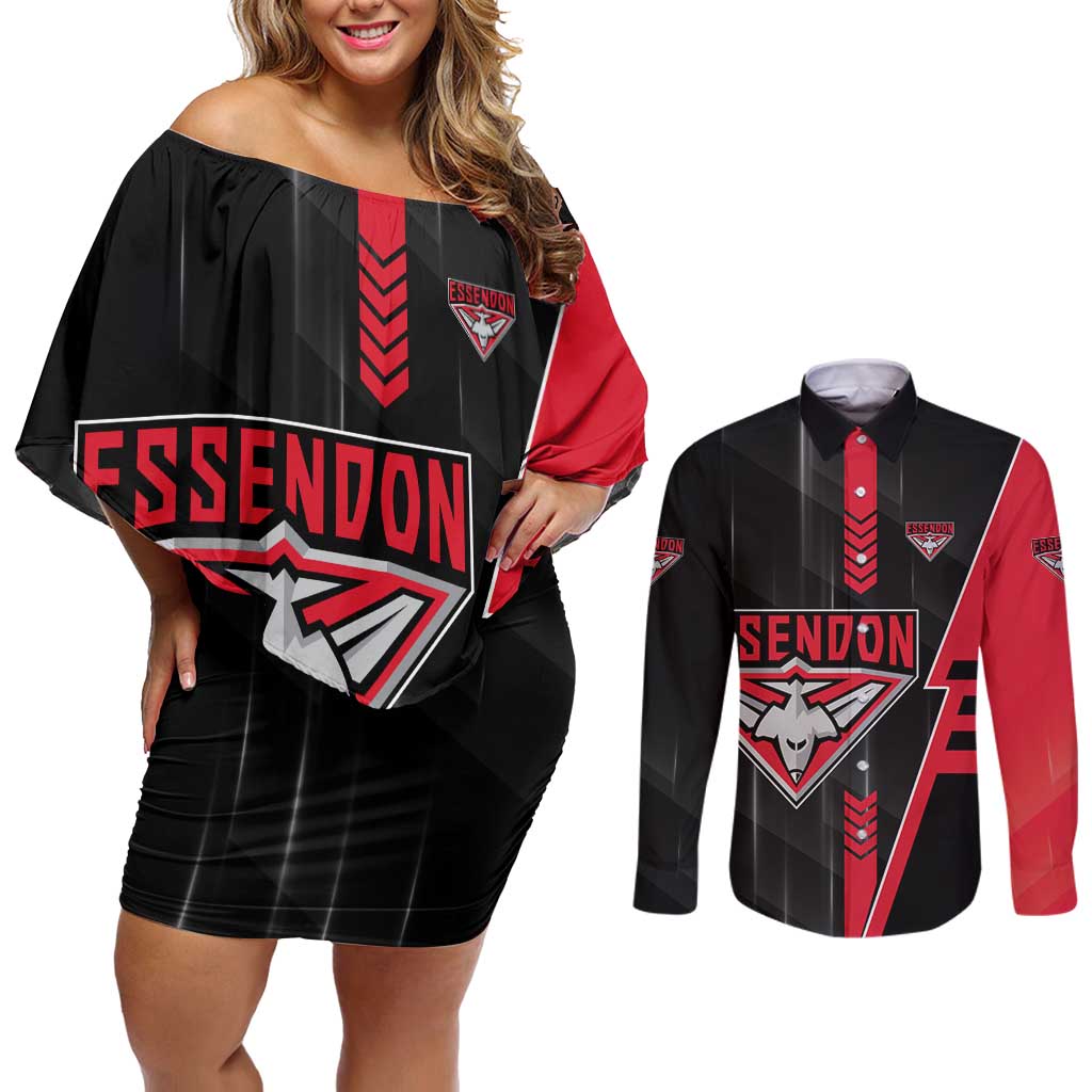 Personalized Essendon Bombers Couples Matching Off Shoulder Short Dress and Long Sleeve Button Shirt Modern Geometric Sports Graphic Style