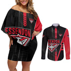 Personalized Essendon Bombers Couples Matching Off Shoulder Short Dress and Long Sleeve Button Shirt Modern Geometric Sports Graphic Style