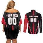 Personalized Essendon Bombers Couples Matching Off Shoulder Short Dress and Long Sleeve Button Shirt Modern Geometric Sports Graphic Style