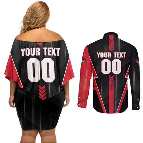 Personalized Essendon Bombers Couples Matching Off Shoulder Short Dress and Long Sleeve Button Shirt Modern Geometric Sports Graphic Style