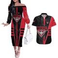 Personalized Essendon Bombers Couples Matching Off The Shoulder Long Sleeve Dress and Hawaiian Shirt Modern Geometric Sports Graphic Style