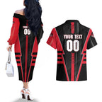 Personalized Essendon Bombers Couples Matching Off The Shoulder Long Sleeve Dress and Hawaiian Shirt Modern Geometric Sports Graphic Style