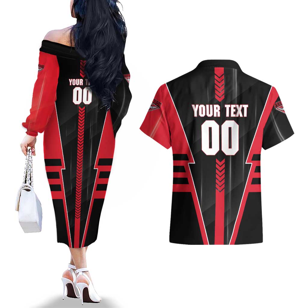 Personalized Essendon Bombers Couples Matching Off The Shoulder Long Sleeve Dress and Hawaiian Shirt Modern Geometric Sports Graphic Style