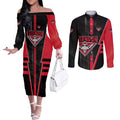 Personalized Essendon Bombers Couples Matching Off The Shoulder Long Sleeve Dress and Long Sleeve Button Shirt Modern Geometric Sports Graphic Style