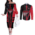 Personalized Essendon Bombers Couples Matching Off The Shoulder Long Sleeve Dress and Long Sleeve Button Shirt Modern Geometric Sports Graphic Style