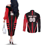 Personalized Essendon Bombers Couples Matching Off The Shoulder Long Sleeve Dress and Long Sleeve Button Shirt Modern Geometric Sports Graphic Style