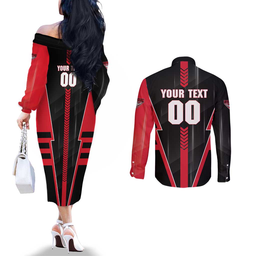 Personalized Essendon Bombers Couples Matching Off The Shoulder Long Sleeve Dress and Long Sleeve Button Shirt Modern Geometric Sports Graphic Style