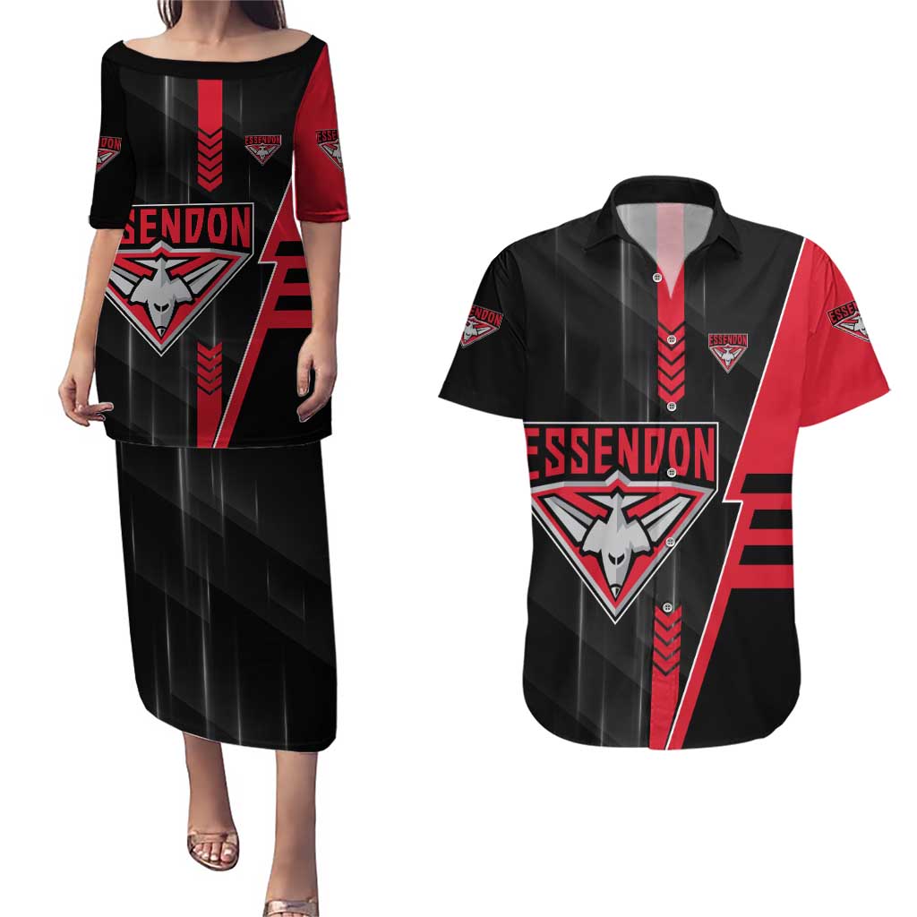 Personalized Essendon Bombers Couples Matching Puletasi and Hawaiian Shirt Modern Geometric Sports Graphic Style