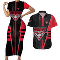 Personalized Essendon Bombers Couples Matching Short Sleeve Bodycon Dress and Hawaiian Shirt Modern Geometric Sports Graphic Style