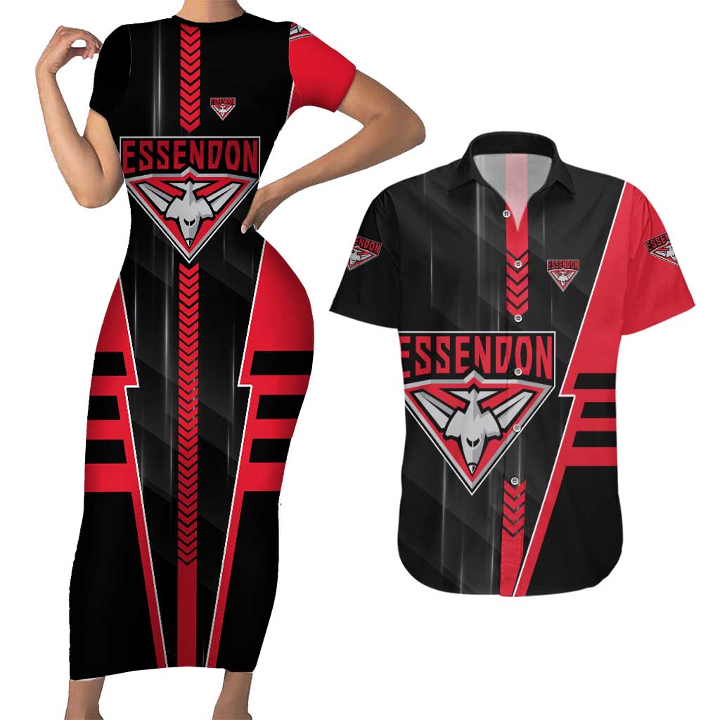 Personalized Essendon Bombers Couples Matching Short Sleeve Bodycon Dress and Hawaiian Shirt Modern Geometric Sports Graphic Style