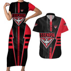 Personalized Essendon Bombers Couples Matching Short Sleeve Bodycon Dress and Hawaiian Shirt Modern Geometric Sports Graphic Style
