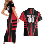 Personalized Essendon Bombers Couples Matching Short Sleeve Bodycon Dress and Hawaiian Shirt Modern Geometric Sports Graphic Style
