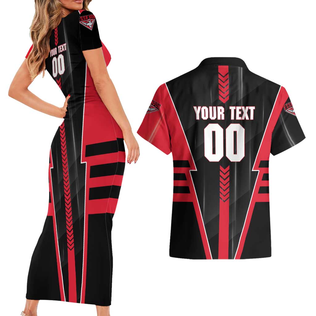 Personalized Essendon Bombers Couples Matching Short Sleeve Bodycon Dress and Hawaiian Shirt Modern Geometric Sports Graphic Style