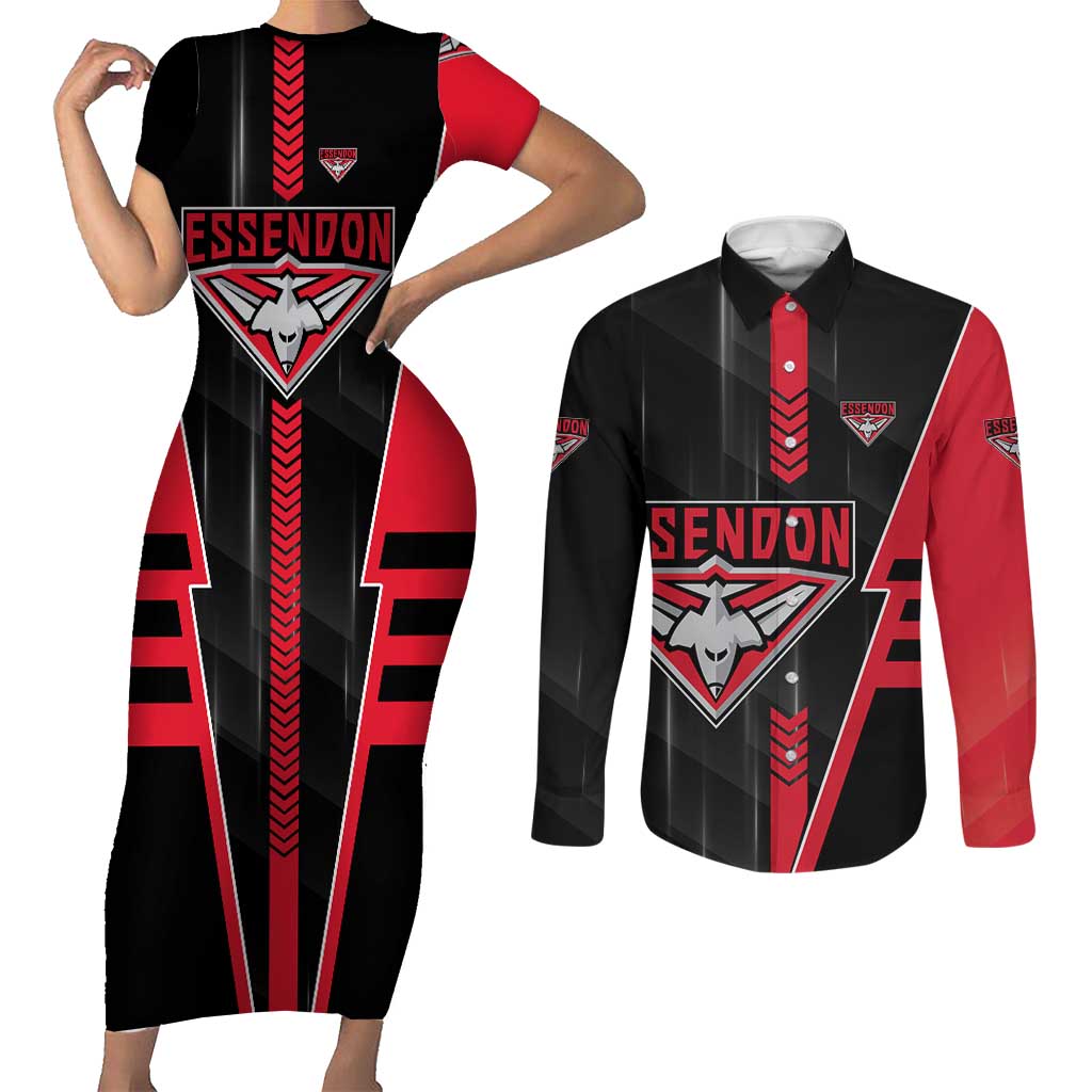 Personalized Essendon Bombers Couples Matching Short Sleeve Bodycon Dress and Long Sleeve Button Shirt Modern Geometric Sports Graphic Style