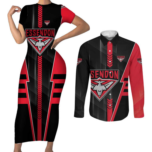 Personalized Essendon Bombers Couples Matching Short Sleeve Bodycon Dress and Long Sleeve Button Shirt Modern Geometric Sports Graphic Style