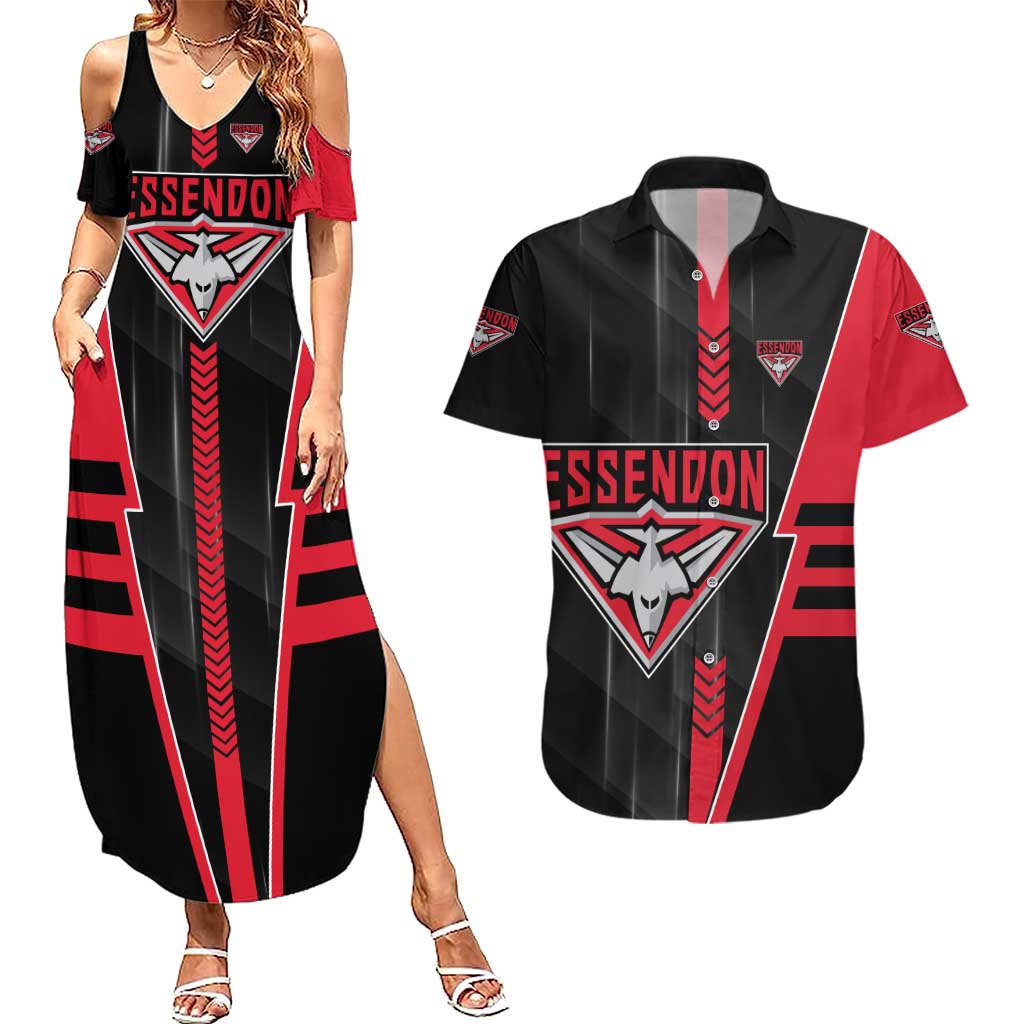 Personalized Essendon Bombers Couples Matching Summer Maxi Dress and Hawaiian Shirt Modern Geometric Sports Graphic Style