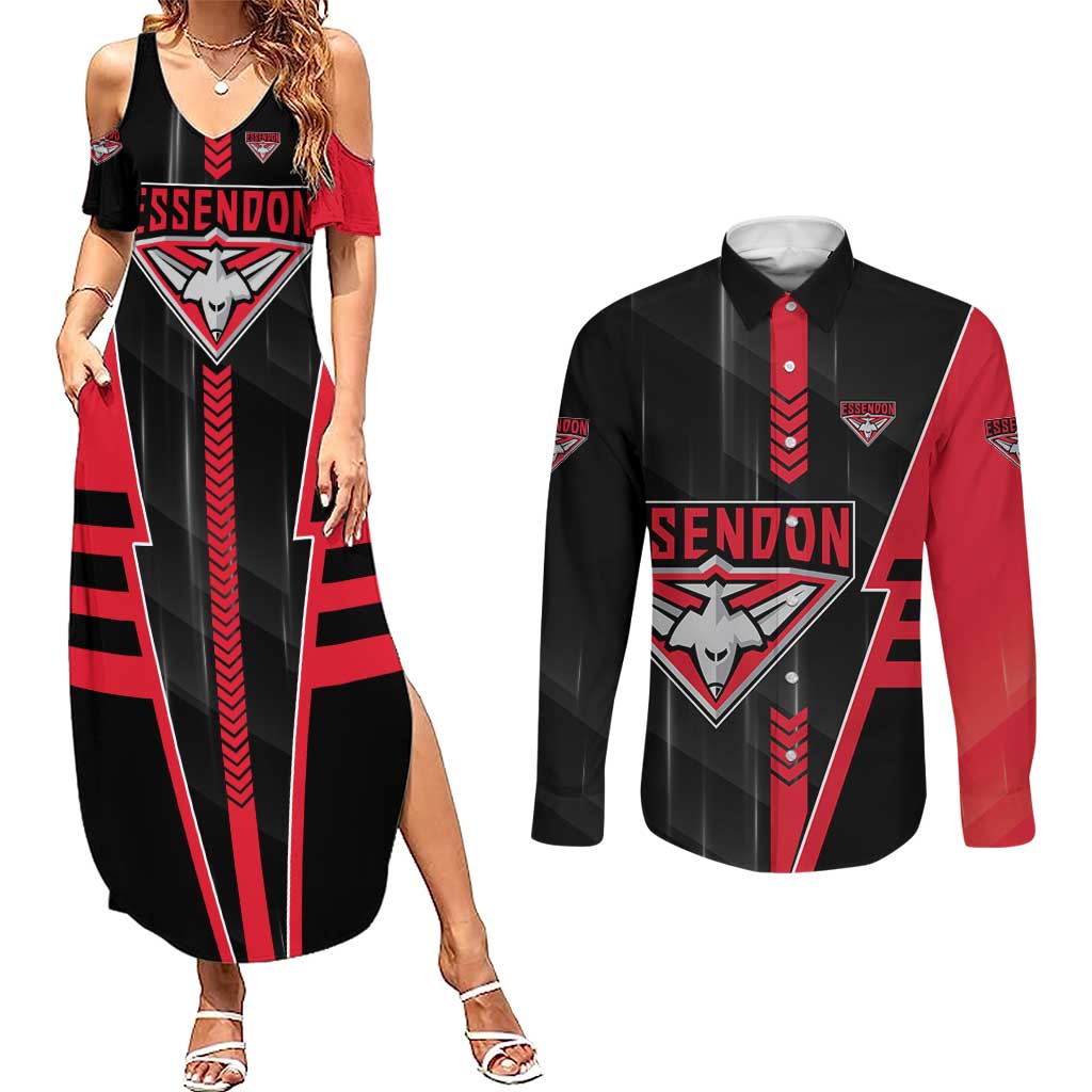 Personalized Essendon Bombers Couples Matching Summer Maxi Dress and Long Sleeve Button Shirt Modern Geometric Sports Graphic Style