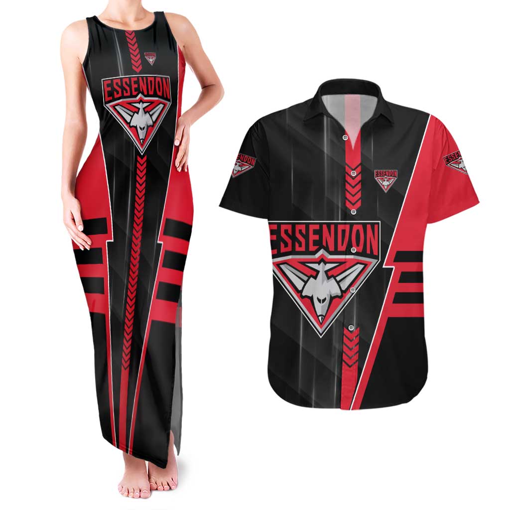 Personalized Essendon Bombers Couples Matching Tank Maxi Dress and Hawaiian Shirt Modern Geometric Sports Graphic Style