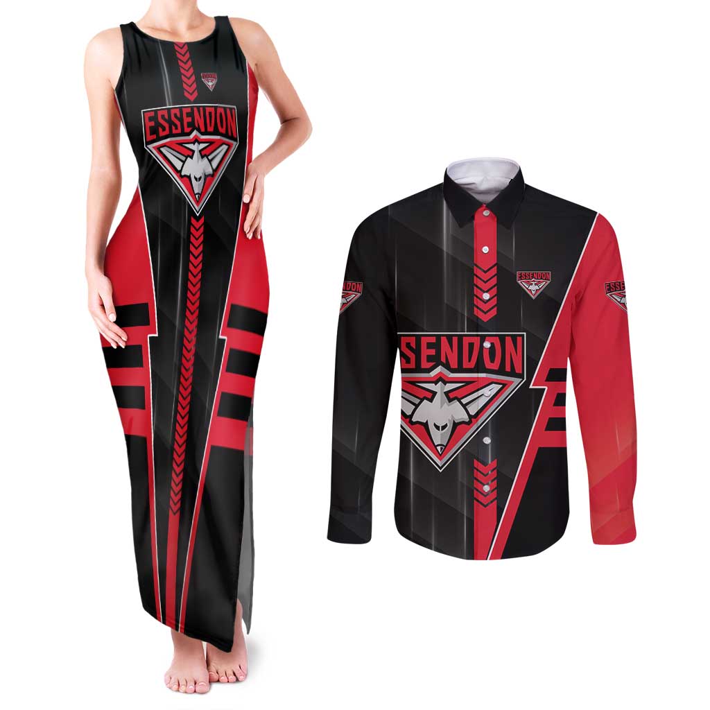 Personalized Essendon Bombers Couples Matching Tank Maxi Dress and Long Sleeve Button Shirt Modern Geometric Sports Graphic Style