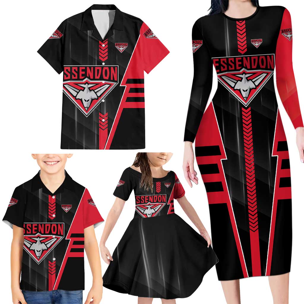 Personalized Essendon Bombers Family Matching Long Sleeve Bodycon Dress and Hawaiian Shirt Modern Geometric Sports Graphic Style