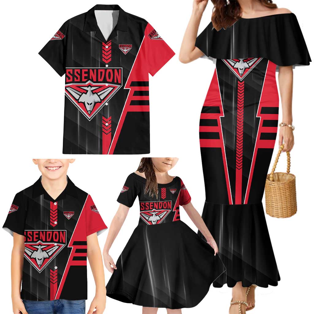 Personalized Essendon Bombers Family Matching Mermaid Dress and Hawaiian Shirt Modern Geometric Sports Graphic Style