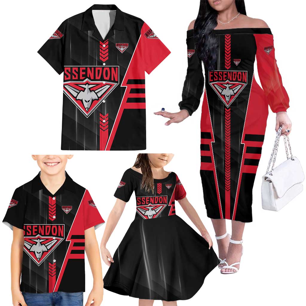 Personalized Essendon Bombers Family Matching Off The Shoulder Long Sleeve Dress and Hawaiian Shirt Modern Geometric Sports Graphic Style