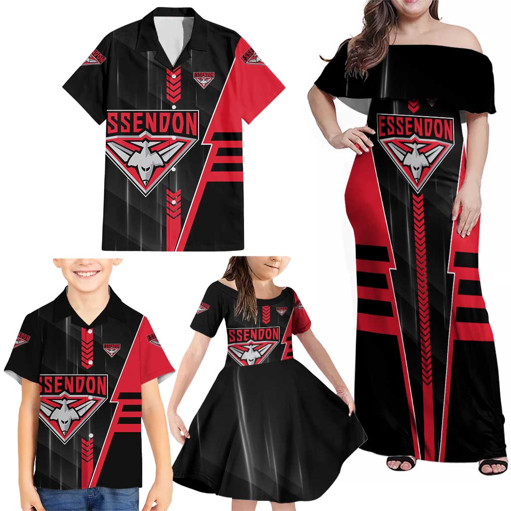 Personalized Essendon Bombers Family Matching Off Shoulder Maxi Dress and Hawaiian Shirt Modern Geometric Sports Graphic Style