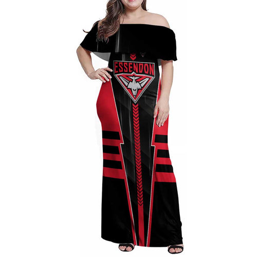 Personalized Essendon Bombers Family Matching Off Shoulder Maxi Dress and Hawaiian Shirt Modern Geometric Sports Graphic Style