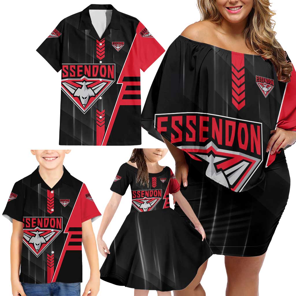 Personalized Essendon Bombers Family Matching Off Shoulder Short Dress and Hawaiian Shirt Modern Geometric Sports Graphic Style