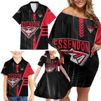 Personalized Essendon Bombers Family Matching Off Shoulder Short Dress and Hawaiian Shirt Modern Geometric Sports Graphic Style