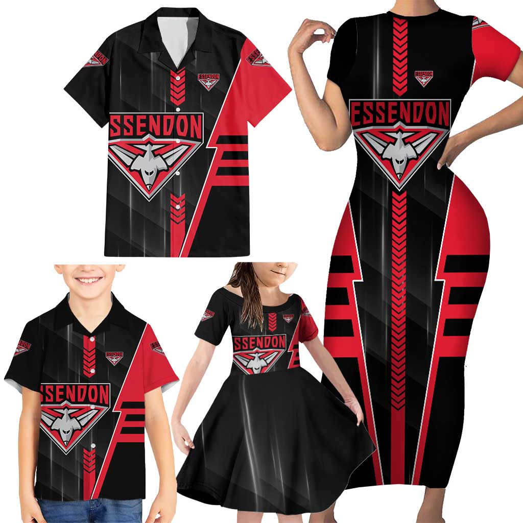 Personalized Essendon Bombers Family Matching Short Sleeve Bodycon Dress and Hawaiian Shirt Modern Geometric Sports Graphic Style