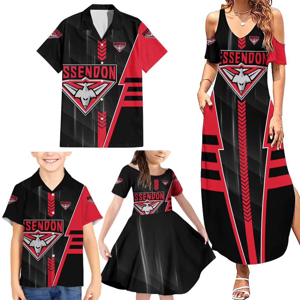 Personalized Essendon Bombers Family Matching Summer Maxi Dress and Hawaiian Shirt Modern Geometric Sports Graphic Style