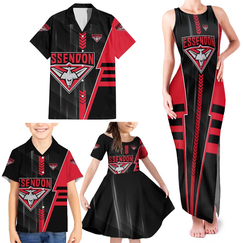 Personalized Essendon Bombers Family Matching Tank Maxi Dress and Hawaiian Shirt Modern Geometric Sports Graphic Style