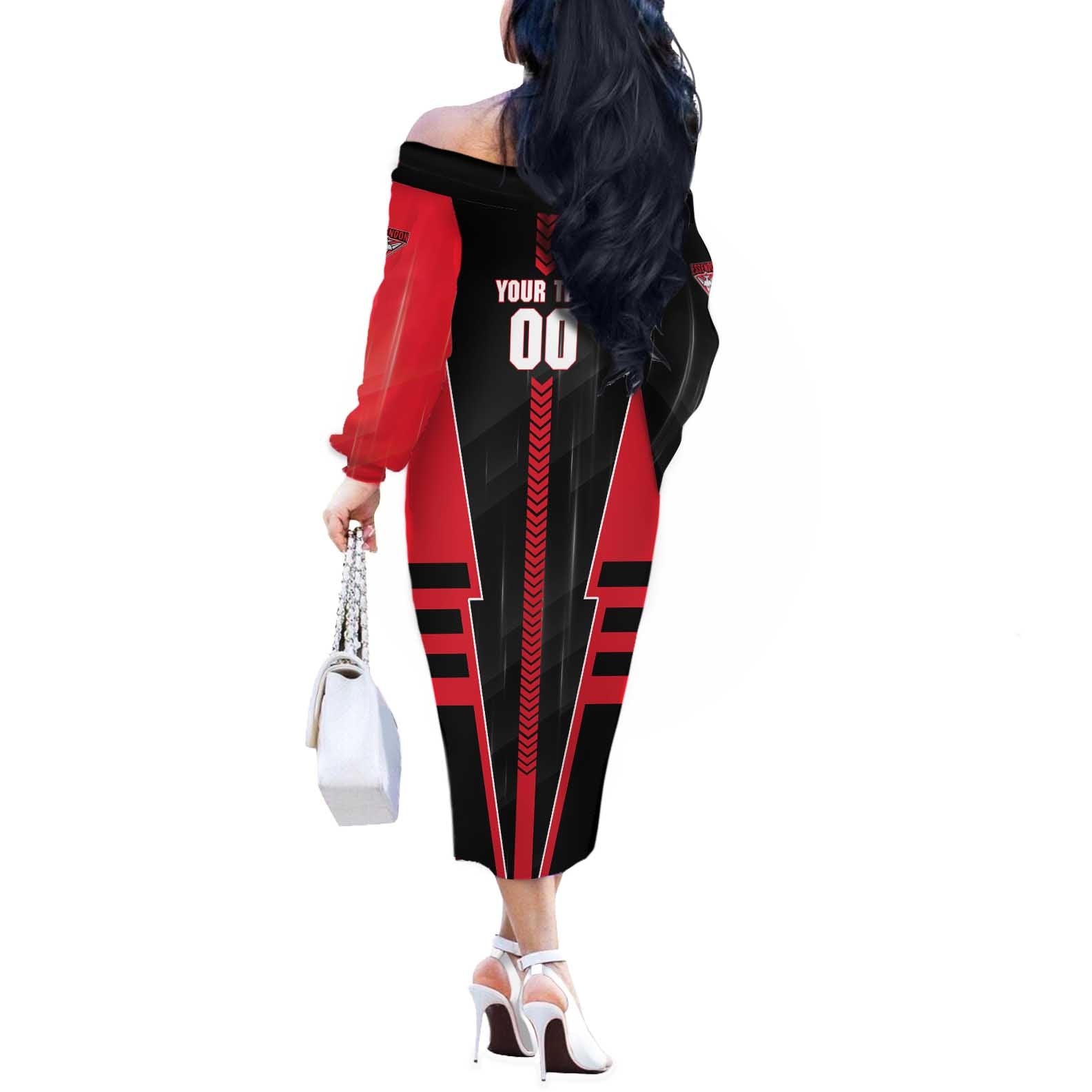 Personalized Essendon Bombers Off The Shoulder Long Sleeve Dress Modern Geometric Sports Graphic Style