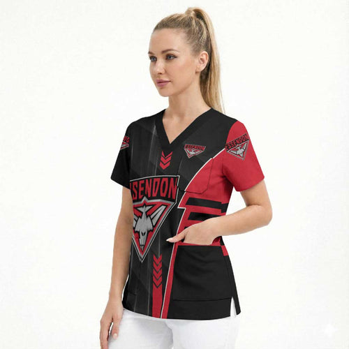 Personalized Essendon Bombers Scrub Top Modern Geometric Sports Graphic Style