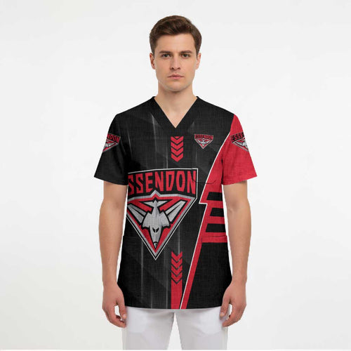 Personalized Essendon Bombers Scrub Top Modern Geometric Sports Graphic Style