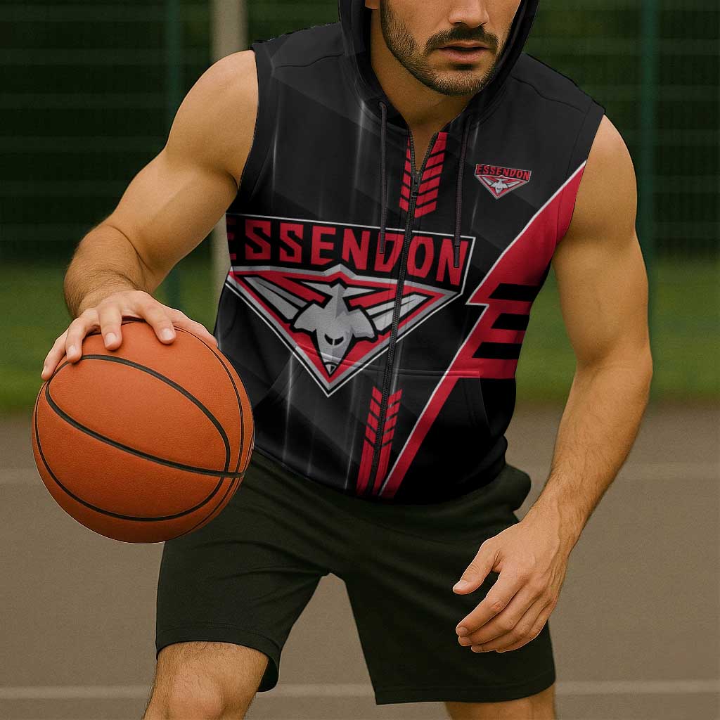 Personalized Essendon Bombers Sleeveless Zip Hoodie Modern Geometric Sports Graphic Style