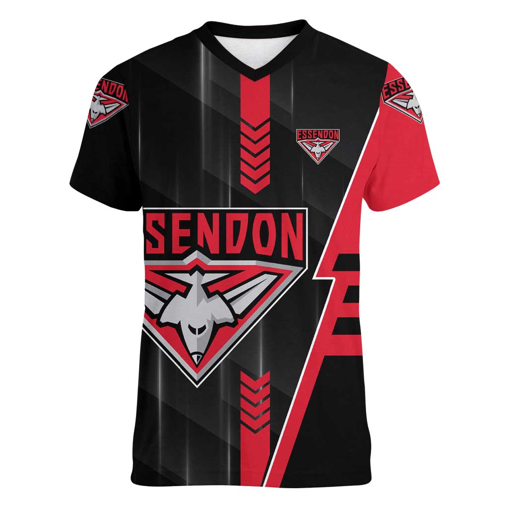 Personalized Essendon Bombers Women V-Neck T-Shirt Modern Geometric Sports Graphic Style