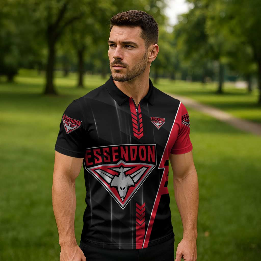 Personalized Essendon Bombers Zipper Polo Shirt Modern Geometric Sports Graphic Style