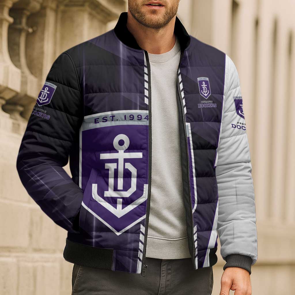 Personalized Fremantle Dockers Bomber Puffer Jacket Modern Geometric Sports Graphic Style