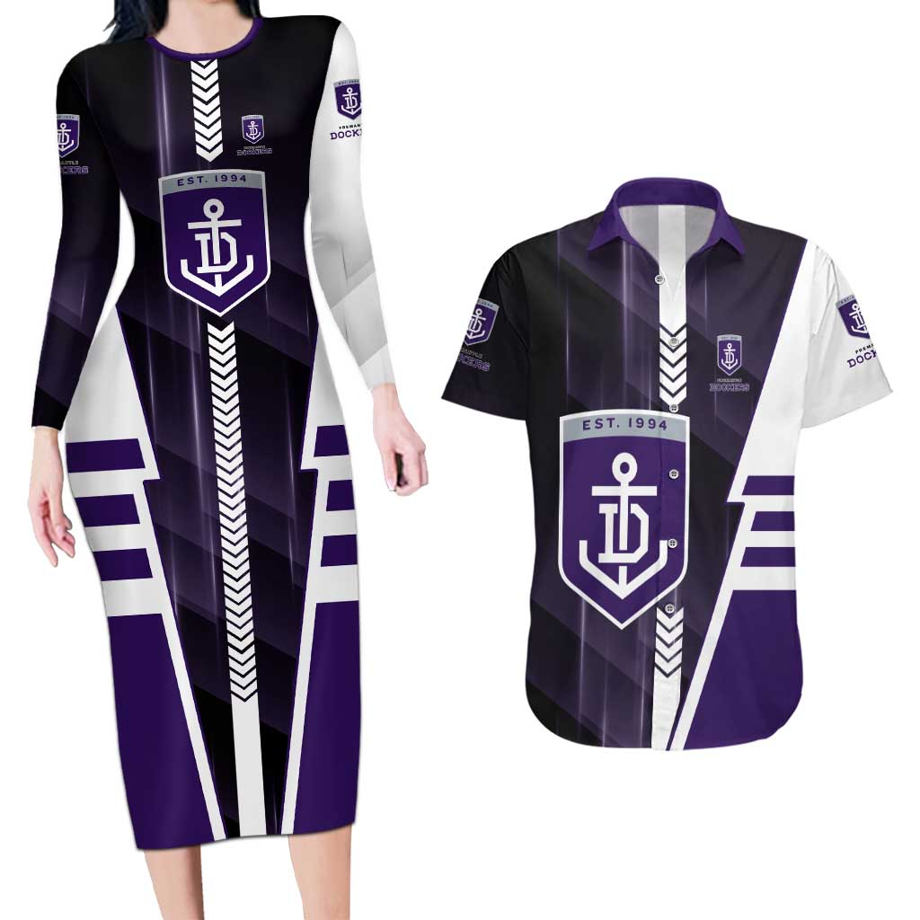 Personalized Fremantle Dockers Couples Matching Long Sleeve Bodycon Dress and Hawaiian Shirt Modern Geometric Sports Graphic Style