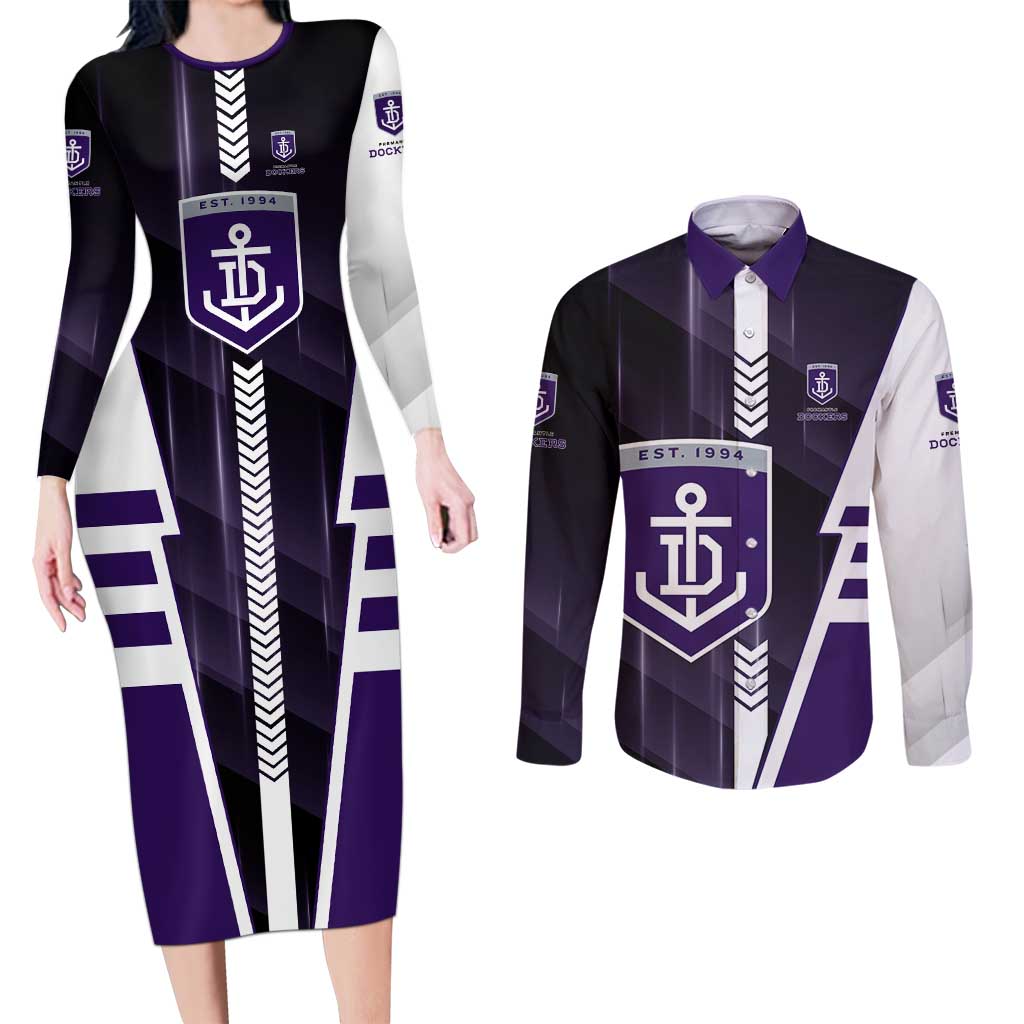 Personalized Fremantle Dockers Couples Matching Long Sleeve Bodycon Dress and Long Sleeve Button Shirt Modern Geometric Sports Graphic Style